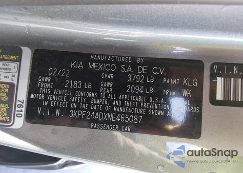 2022 Kia Forte Lxs from USA, damaged, VIN 3KPF24ADXNE465087